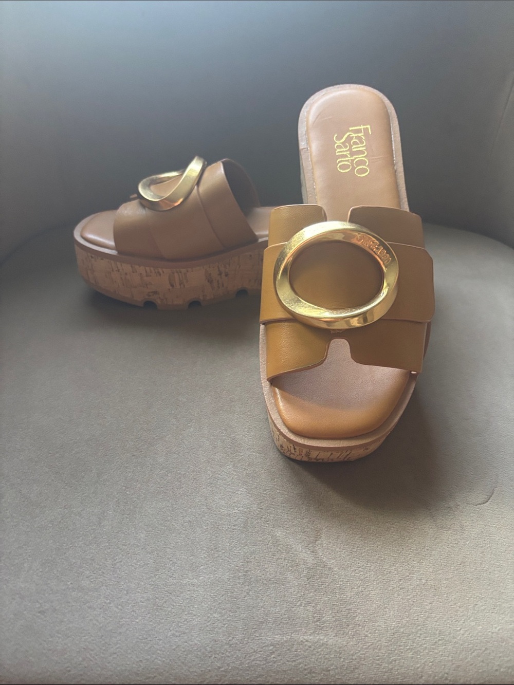 Franco Sarto Brown Cork Platform Slide Sandals with Gold Ring